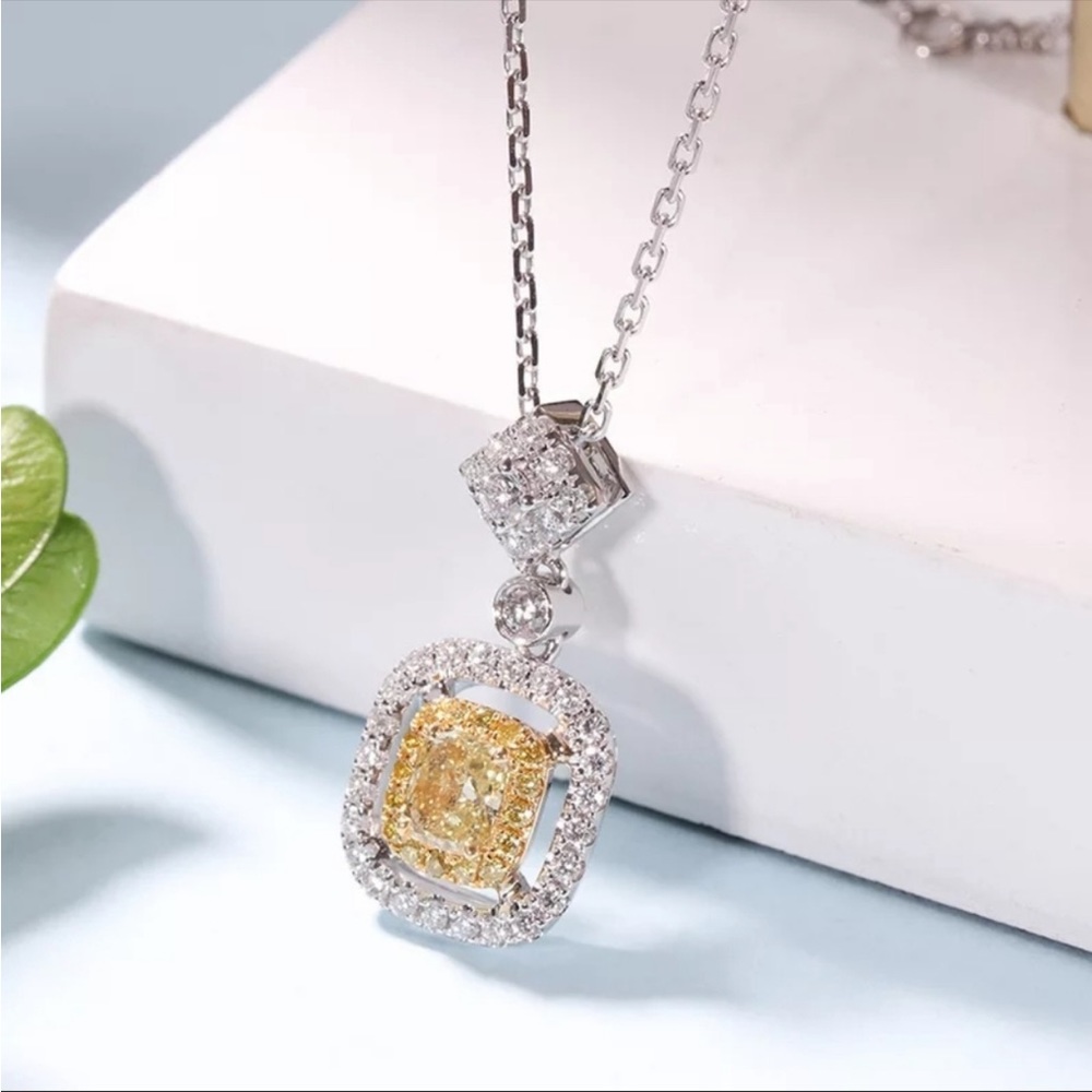 Elegant 925 Simulated Diamond Silver and Yellow Pendant Necklace